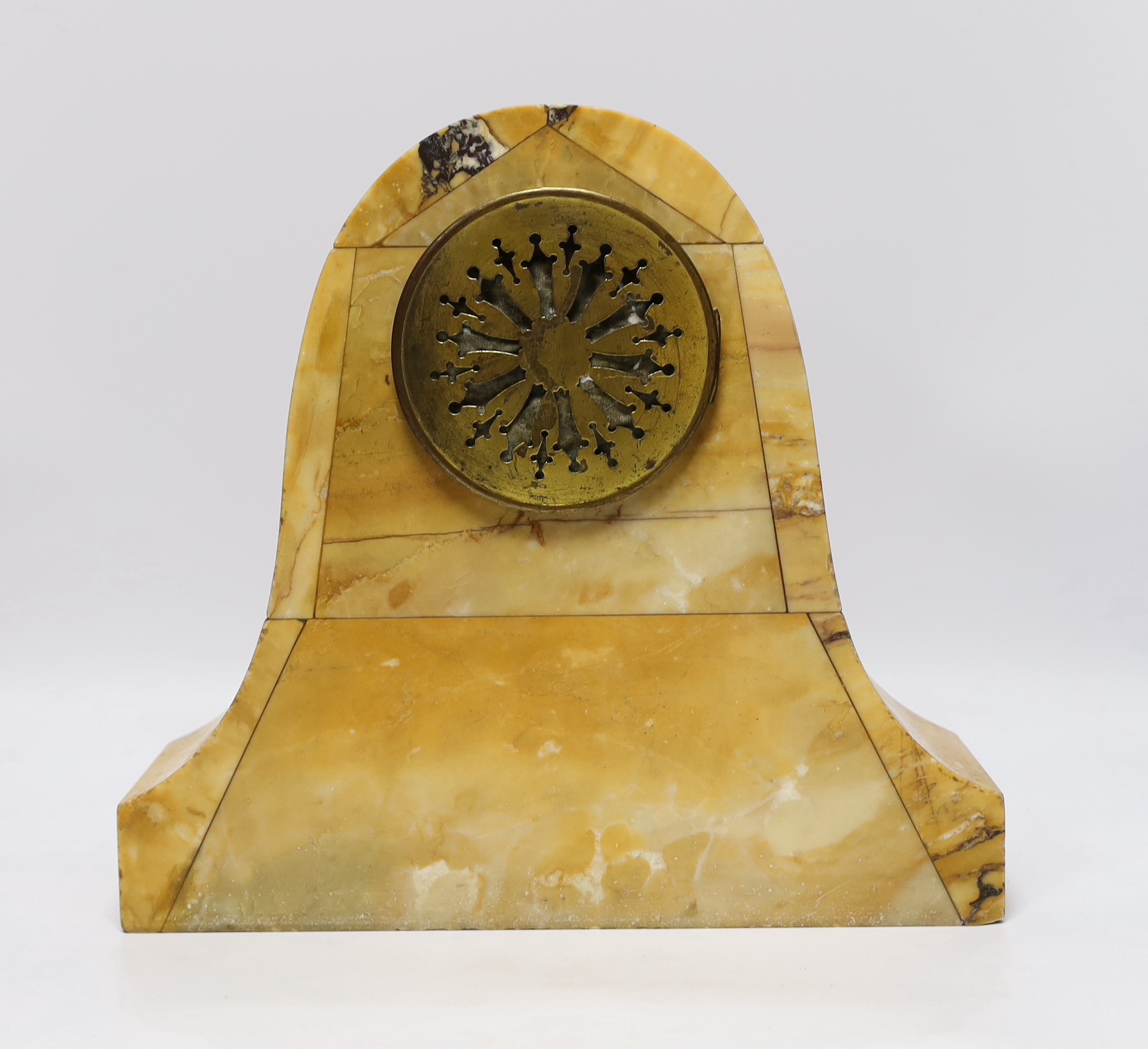 An early 20th century French Sienna marble clock garniture, 30cm